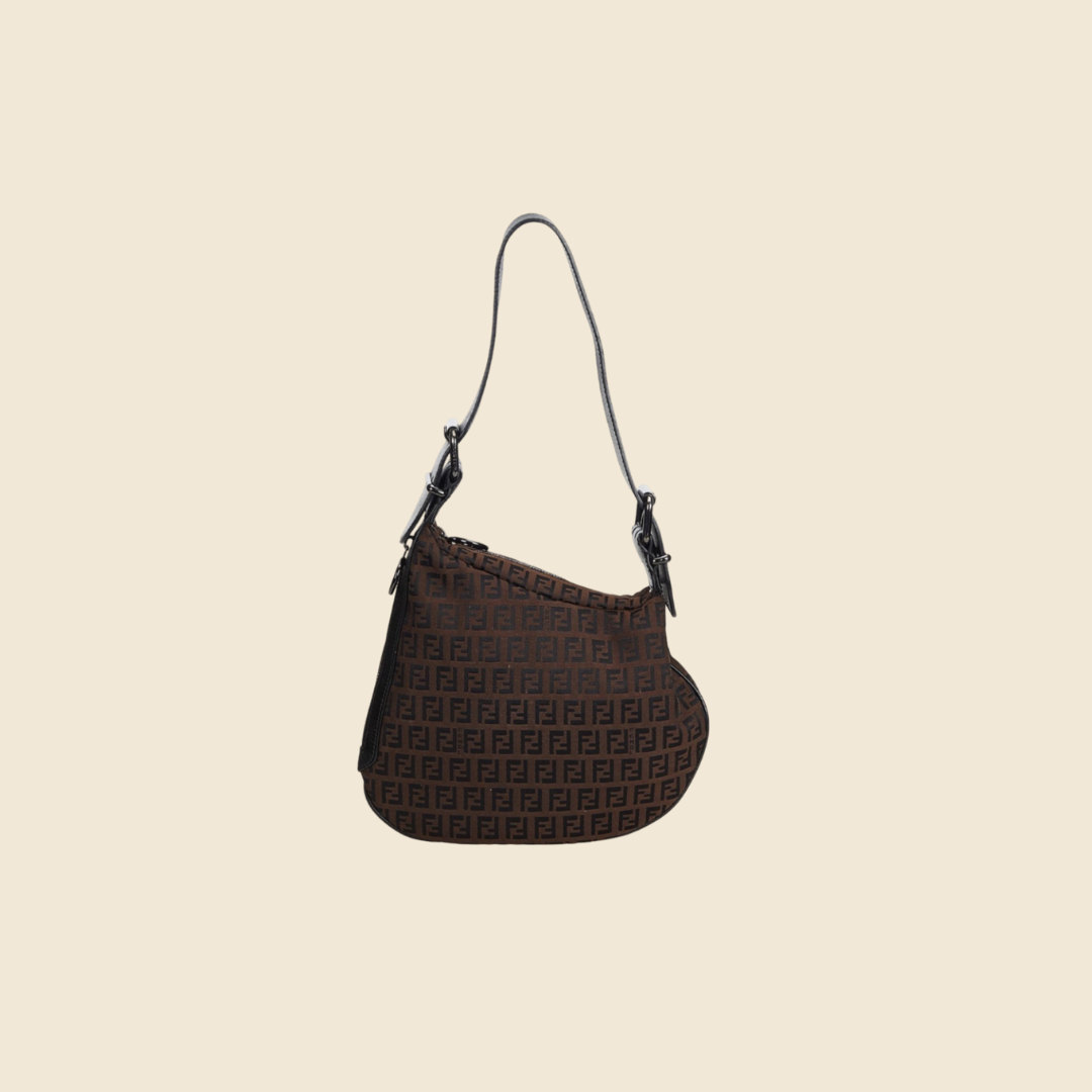 FENDI CHOCOLATE BROWN ZUCCHINO CANVAS OYSTER HOBO BAG