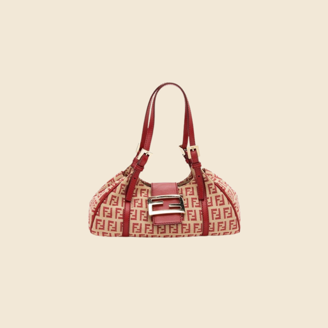 FENDI 2000s PINK & CARAMEL RAFFIA KNIT BAGUETTE BAG