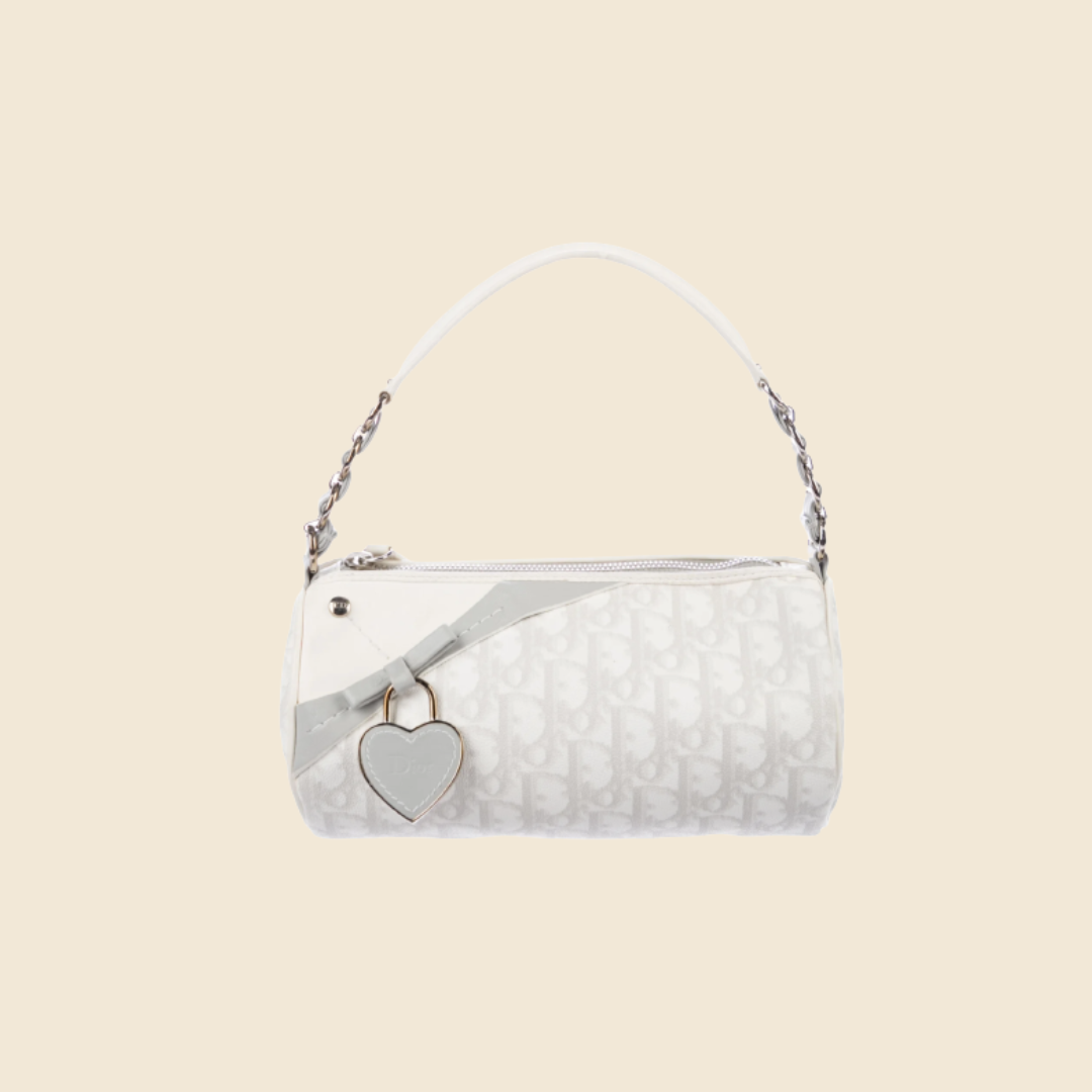 Christian Dior White & Grey Monogram Coated Canvas Romantique Barrel Bag