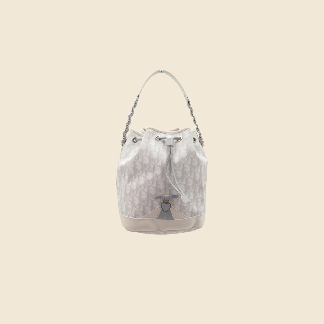 Christian Dior White & Grey Monogram Coated Canvas Romantique Barrel Bag