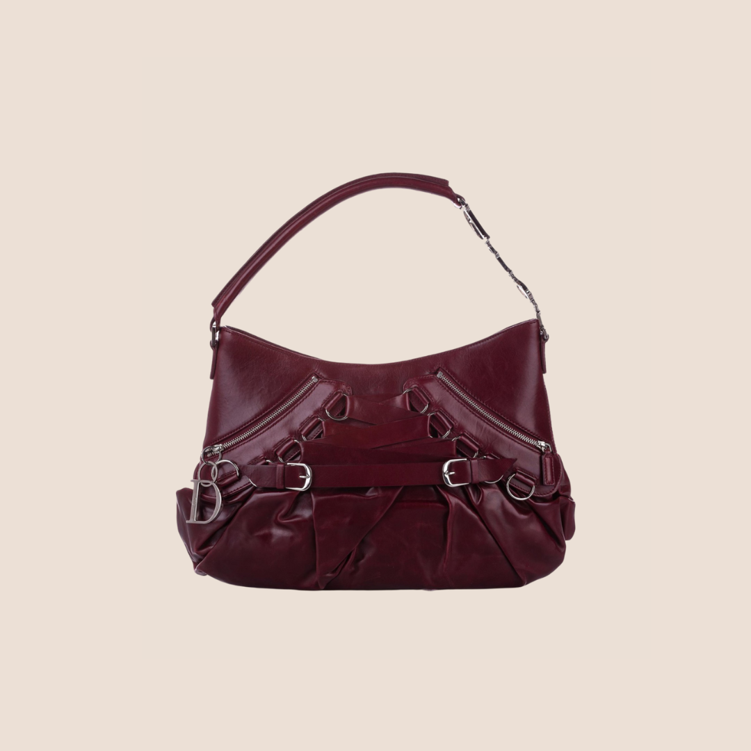 CHRISTIAN DIOR BURGUNDY LEATHER CORSET BAG