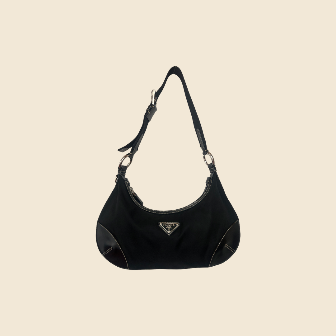 PRADA BLACK TESSUTO LEATHER TRIM SHOULDER BAG