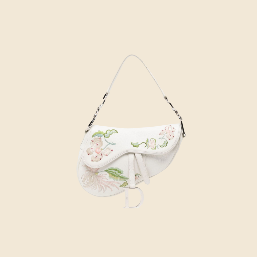 CHRISTIAN DIOR 2005 FLORAL EMBROIDERED WHITE SADDLE BAG