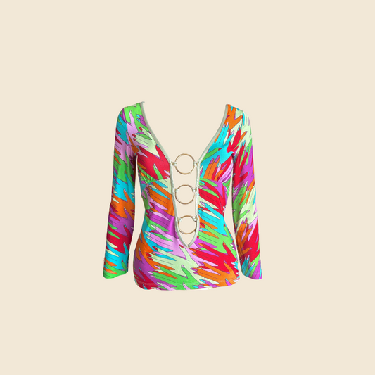 DOLCE & GABBANA 2000s MULTICOLOUR HAND PRINT HOOP BLOUSE