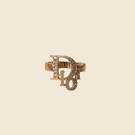 CHRISTIAN DIOR GOLD RHINESTONE MONOGRAM RING