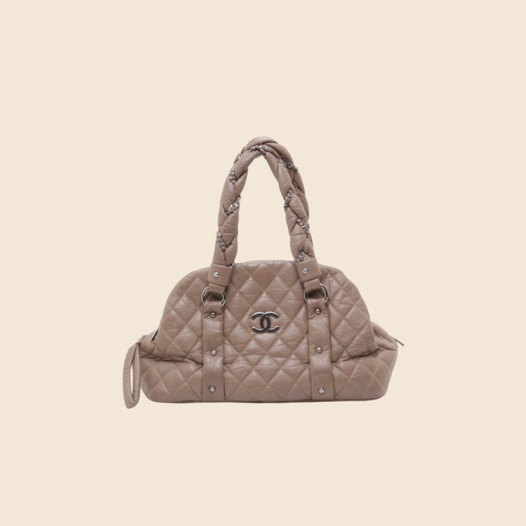 CHANEL BROWN BEIGE PUFFY DOME SATCHEL