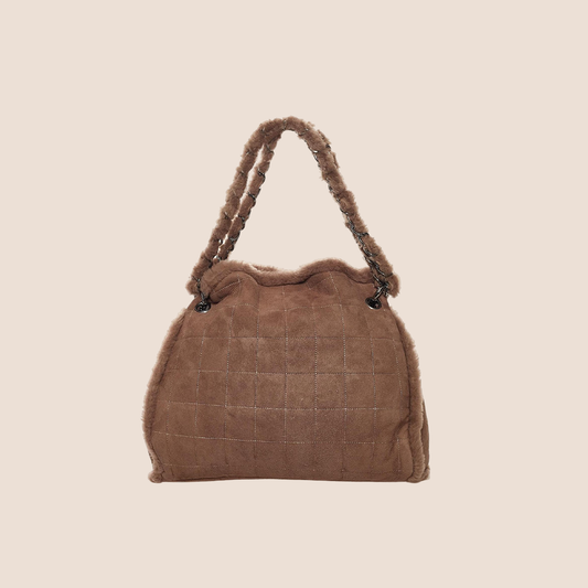 CHANEL 2005 BROWN SHEARLING QUILTED HOBO BAG