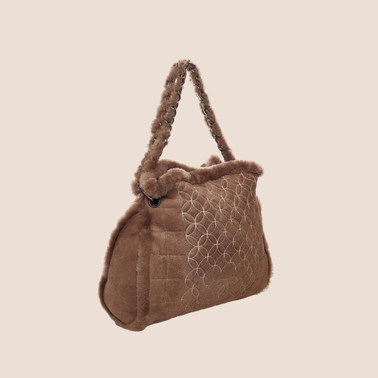 CHANEL 2005 BROWN SHEARLING QUILTED HOBO BAG