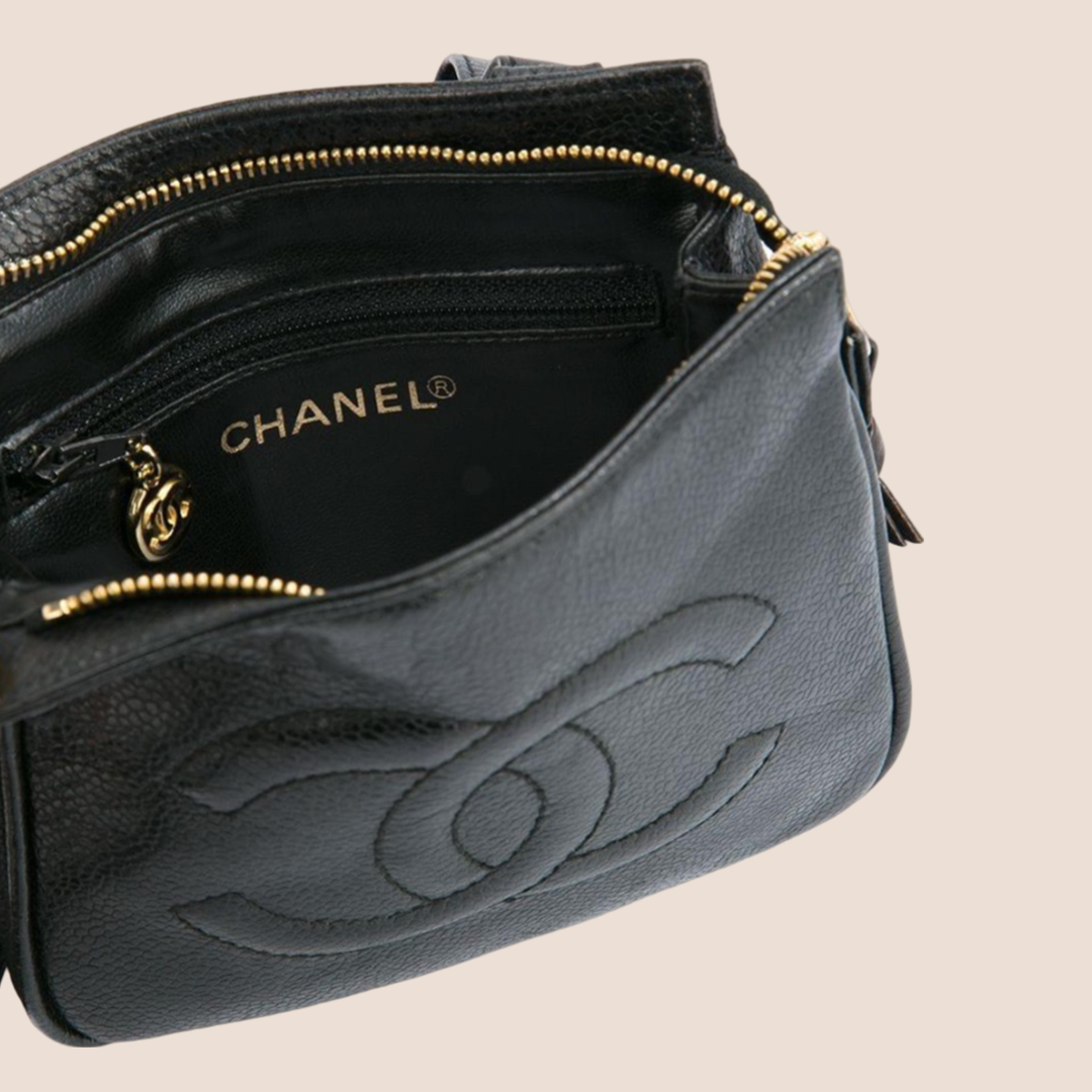 CHANEL 1991 BLACK CAVIAR CC STITCH WAIST BELT BAG