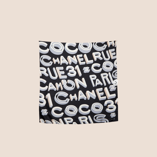 CHANEL BLACK COCO LOGO PRINT SILK SCARF