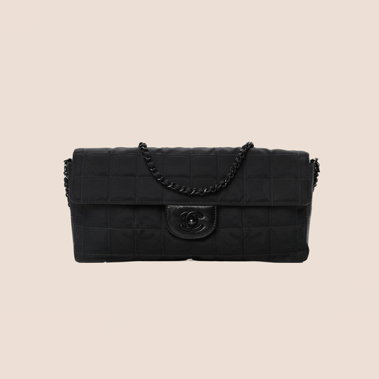 CHANEL EAST WEST BLACK CANVAS CHOCOLATE BAR CHAIN FLAP BAG