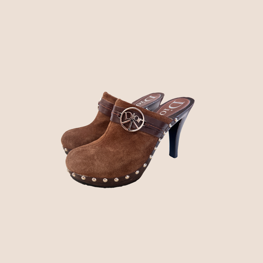 CHRISTIAN DIOR 2005 BROWN SUEDE STUDDED CLOGS