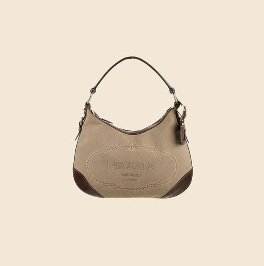 PRADA Brown Canvas Leather Handle Small Zipper Top handbag