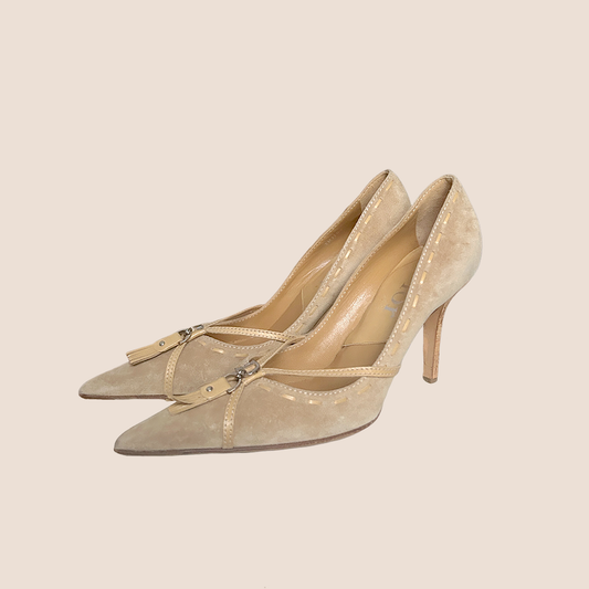 CHRISTIAN DIOR BEIGE SUEDE TASSEL PUMPS