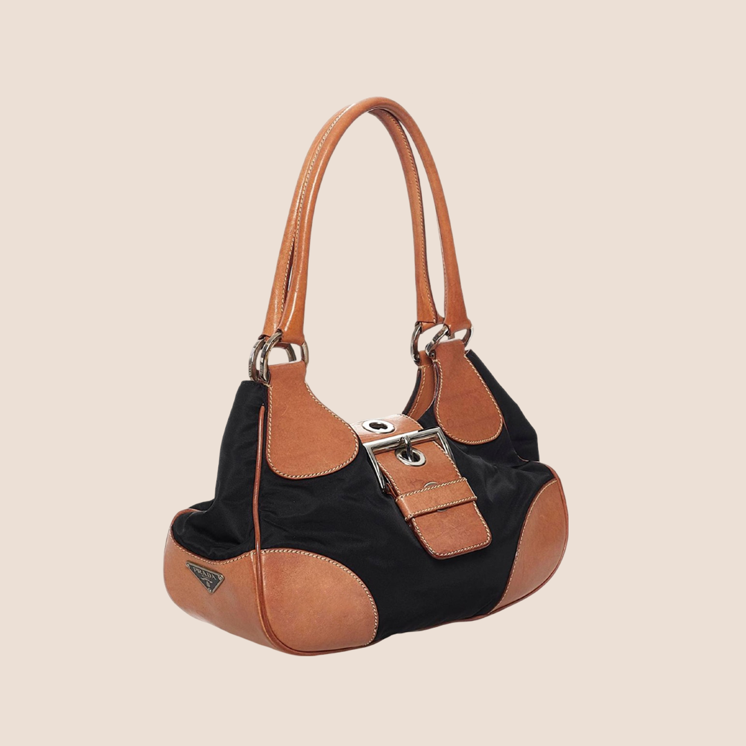 PRADA TAN & BLACK BELTED SHOULDER BAG