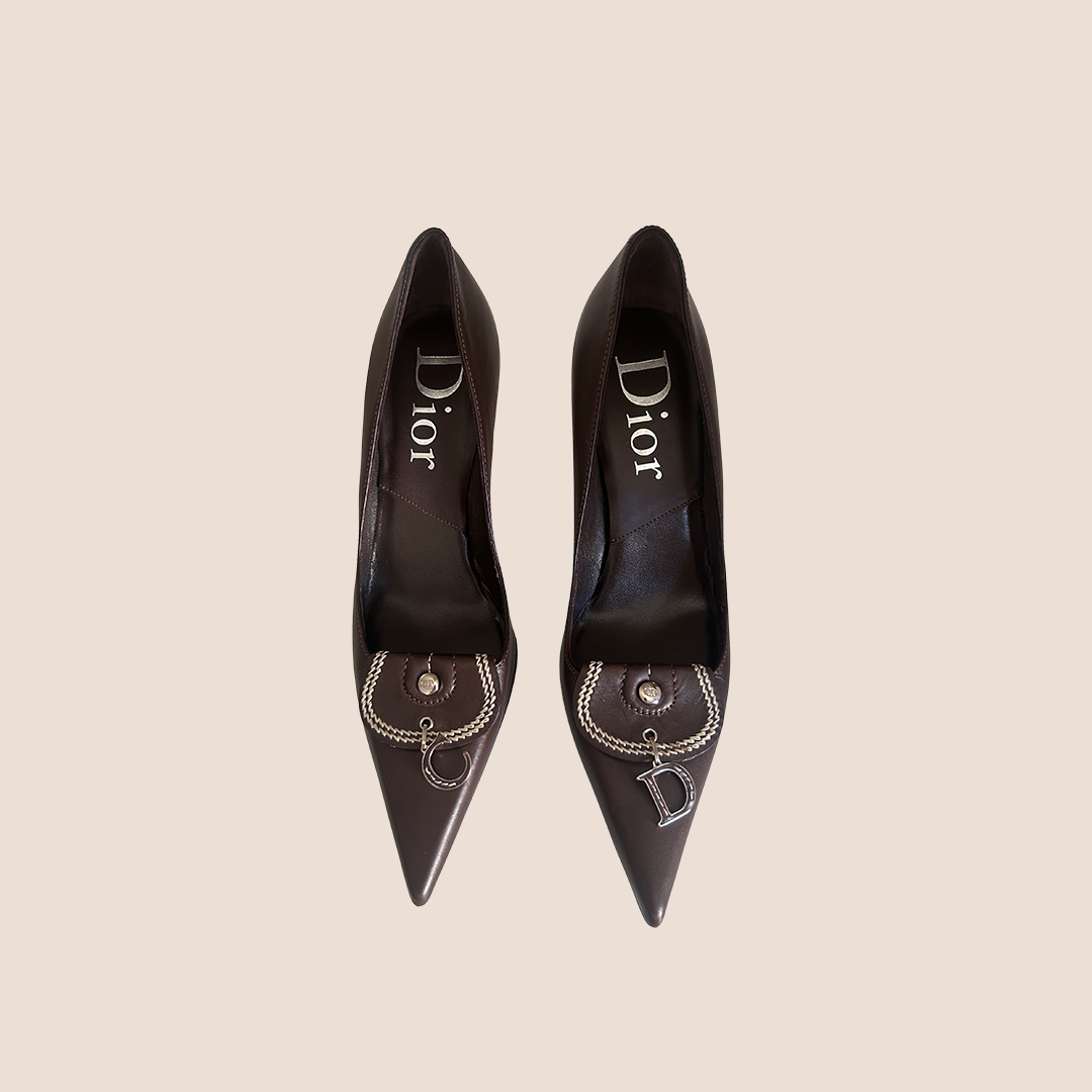 CHRISTIAN DIOR BROWN C&D CHARM PUMPS