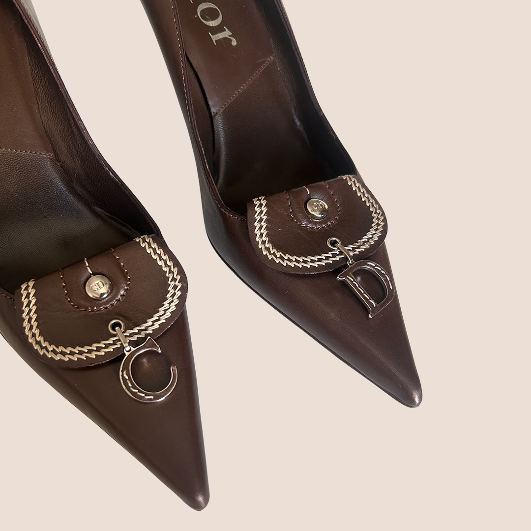 CHRISTIAN DIOR BROWN C&D CHARM PUMPS