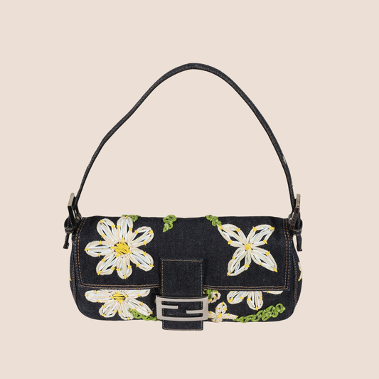 FENDI NAVY DENIM FLOWER EMBROIDERED BAGUETTE BAG