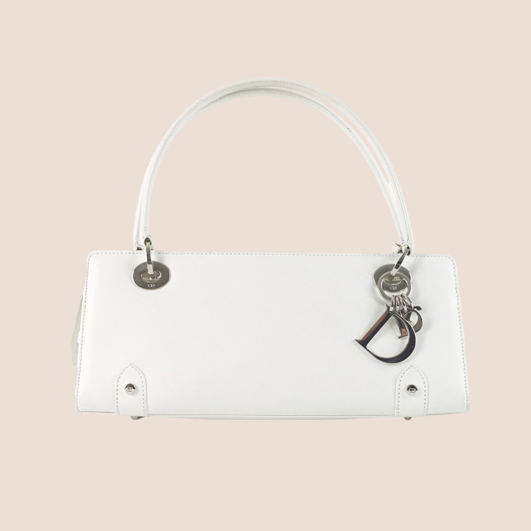 CHRISTIAN DIOR WHITE LEATHER EAST WEST LADY DIOR TOTE BAG