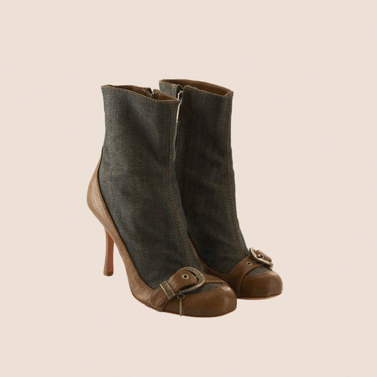 CHRISTIAN DIOR DENIM BROWN LEATHER BUCKLE BOOTS