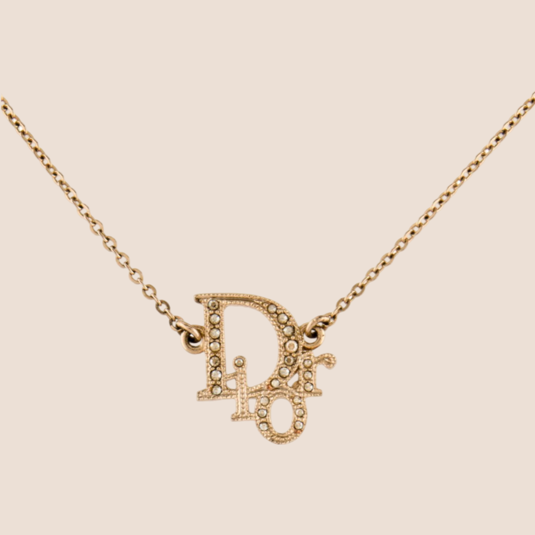 CHRISTIAN DIOR 2000s GOLD CRYSTAL LOGO NECKLACE