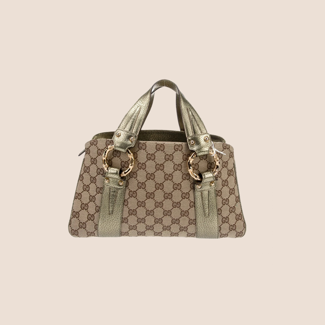 GUCCI 2004 GG CANVAS WEB BAMBOO RING HANDLE BAG