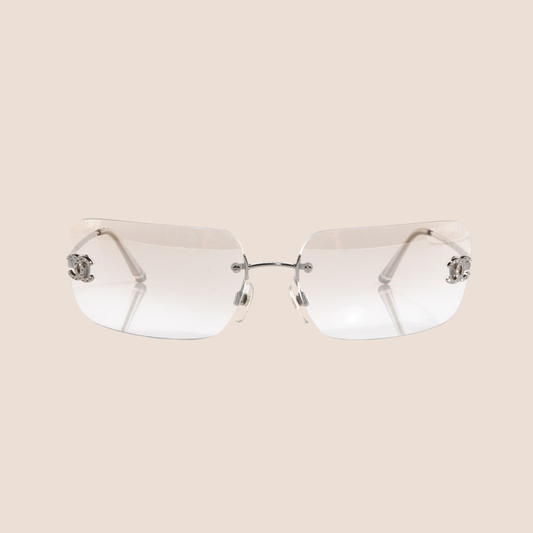 CHANEL CC CRYSTAL LOGO RIMLESS CLEAR SUNGLASSES