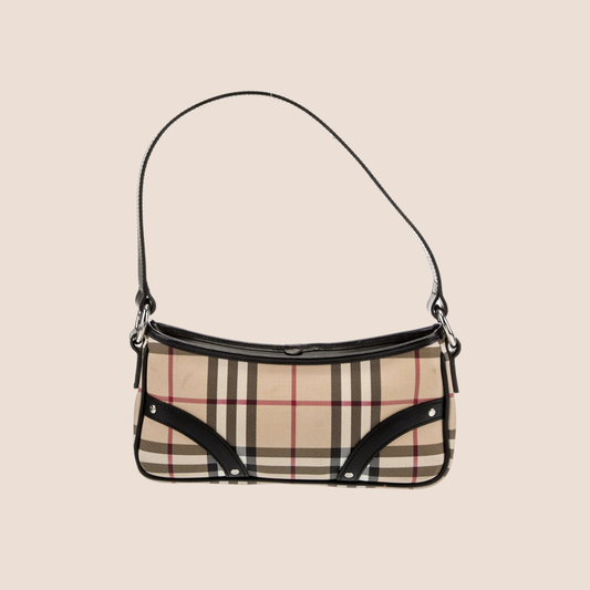 BURBERRY NOVA CHECK BLACK LEATHER TRIM BAGUETTE BAG