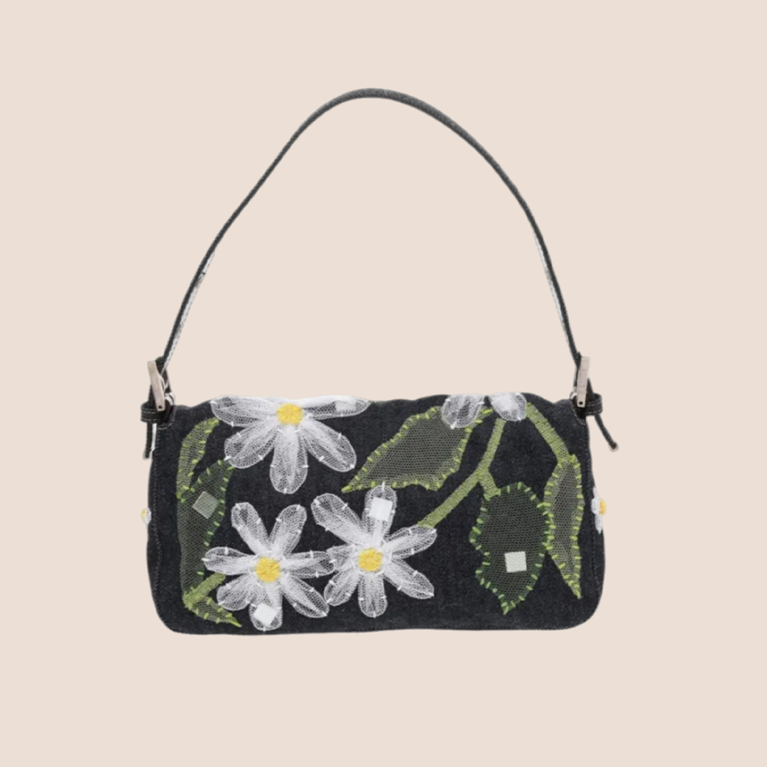 FENDI FLOWER PATCH DENIM BAGUETTE BAG