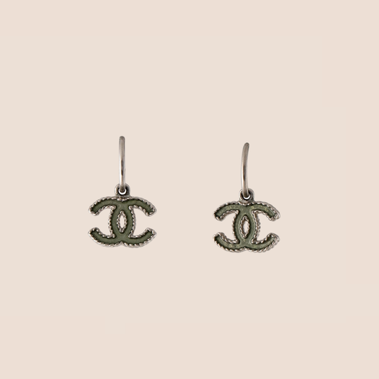 CHANEL CC GREEN ENAMEL DROP EARRINGS