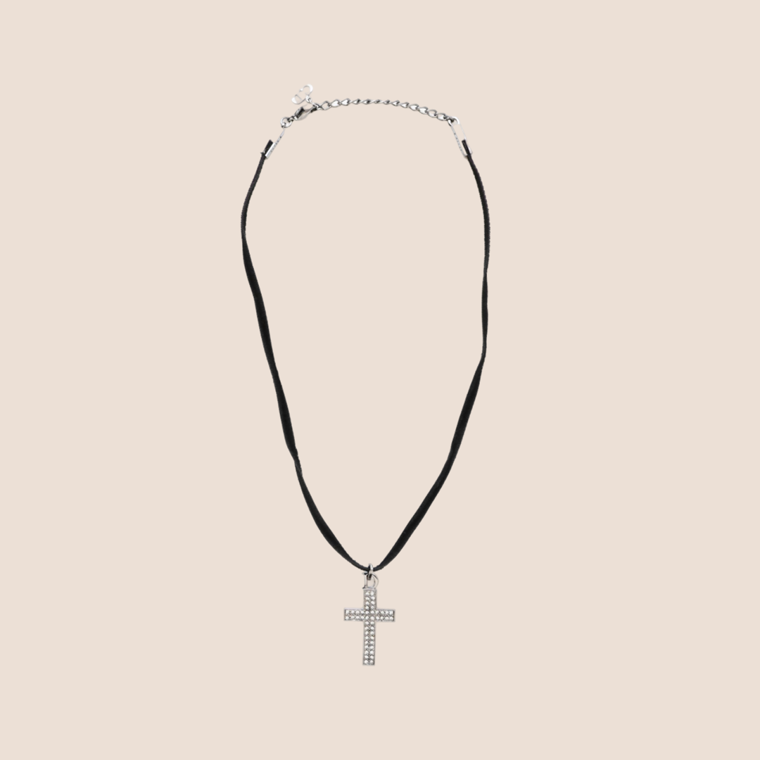 CHRISTIAN DIOR SILVER RHINESTONE CROSS CHARM CHOKER NECKLACE