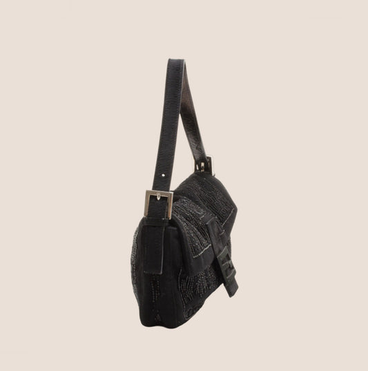 FENDI 2000 BLACK BEADED PONY HAIR BAGUETE BAG