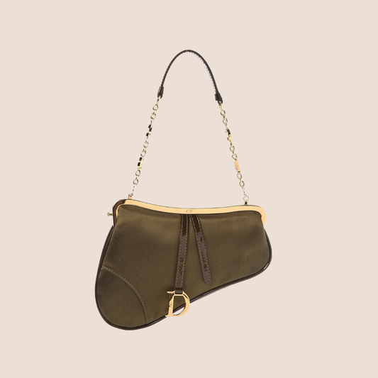 CHRISTIAN DIOR KHAKI & GOLD SATIN MICRO SADDLE BAG