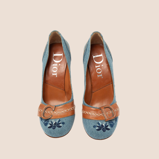 CHRISTIAN DIOR DENIM & TAN LEATHER CD LOGO PUMPS