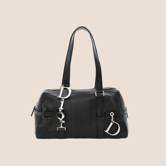 CHRISTIAN DIOR BLACK LEATHER LOGO SPELL OUT CHARM BOSTON BAG