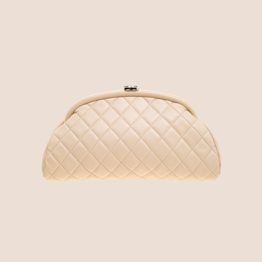 CHANEL BEIGE QUILTED LAMBSKIN LEATHER CLUTCH BAG