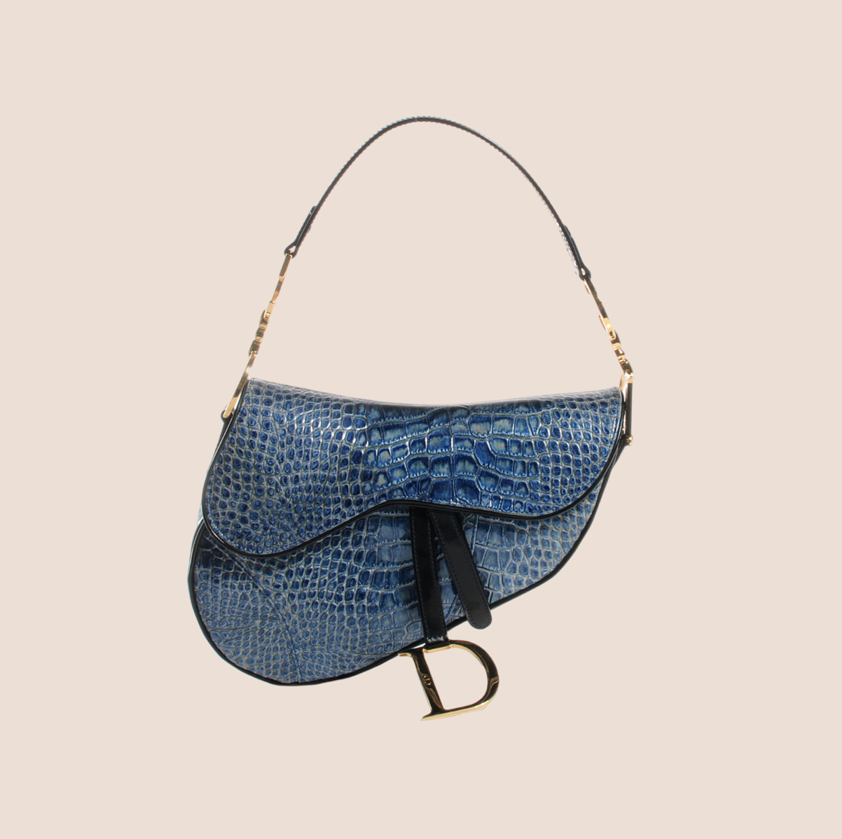 CHRISTIAN DIOR BLUE CALFSKIN CROCODILE EMBOSSED SADDLE BAG