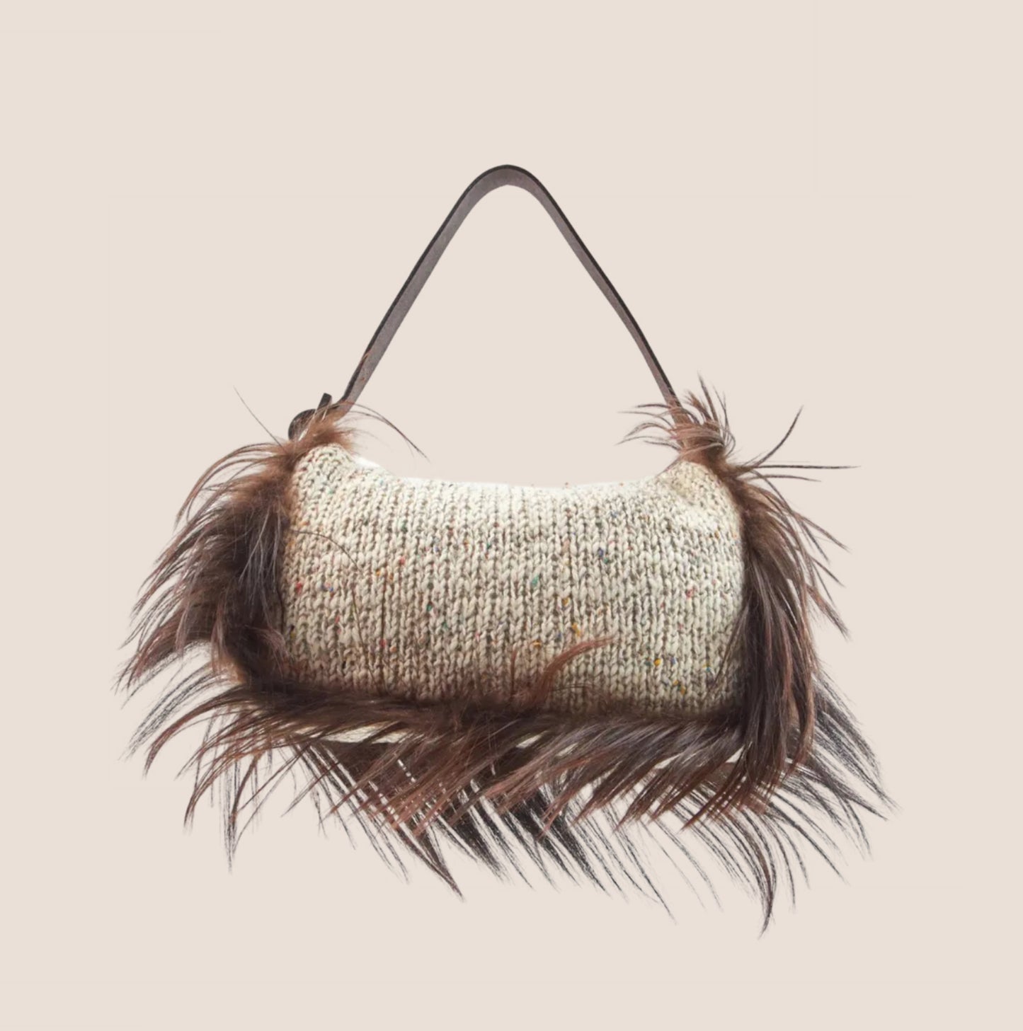 FENDI CREAM KNIT CROCHET LONG FUR TRIM BAGUETTE BAG