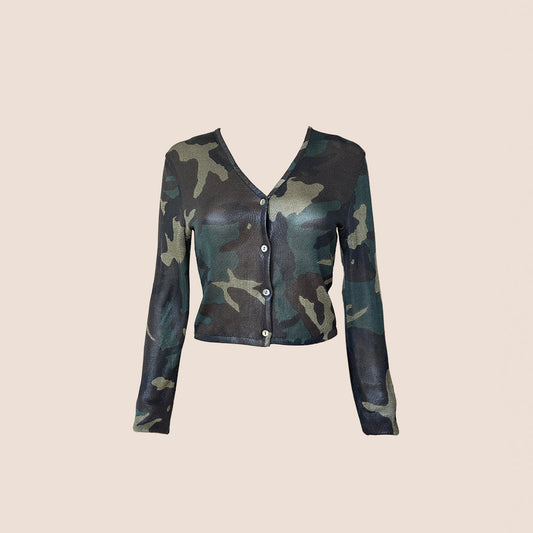 CHRISTIAN DIOR 2000s CAMOUFLAGE KNIT CROPPED CARDIGAN