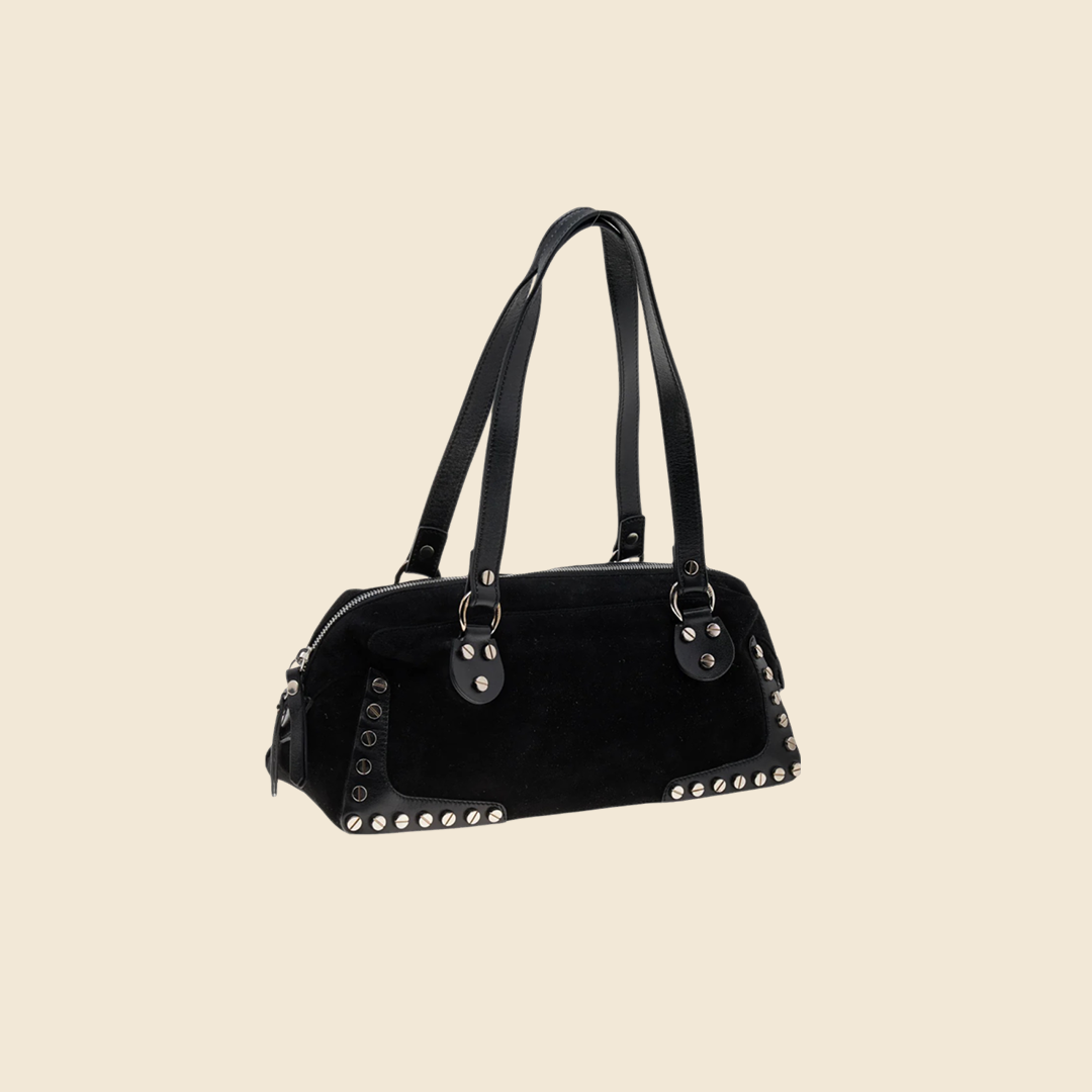 FENDI BLACK SUEDE STUDDED SATCHEL