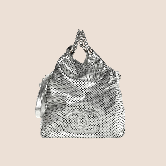 CHANEL METALLIC SILVER PERFORATED RODEO HOBO BAG