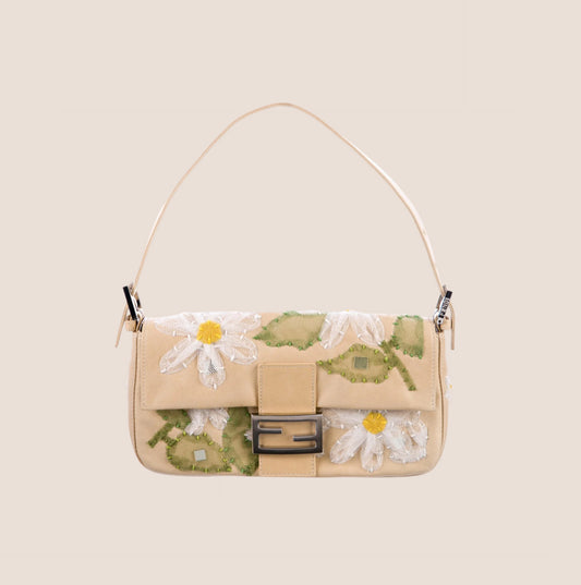 FENDI 2000 BEIGE LEATHER DAISY BAGUETTE BAG