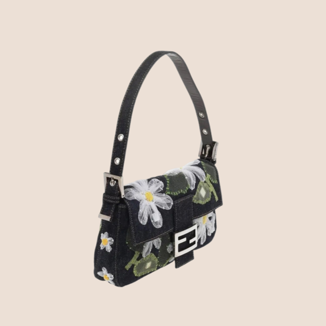 FENDI FLOWER PATCH DENIM BAGUETTE BAG