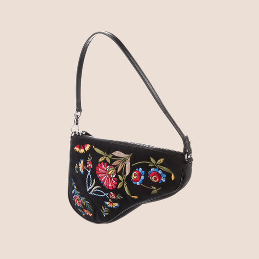 CHRISTIAN DIOR 2002 FLORAL EMBROIDERED BLACK MINI SADDLE BAG