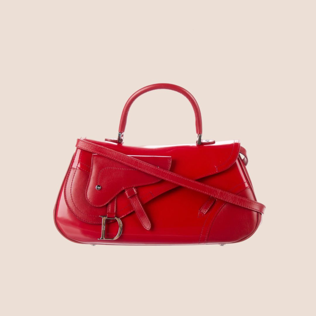 CHRISTIAN DIOR RED LEATHER SADDLE TOP HANDLE BAG