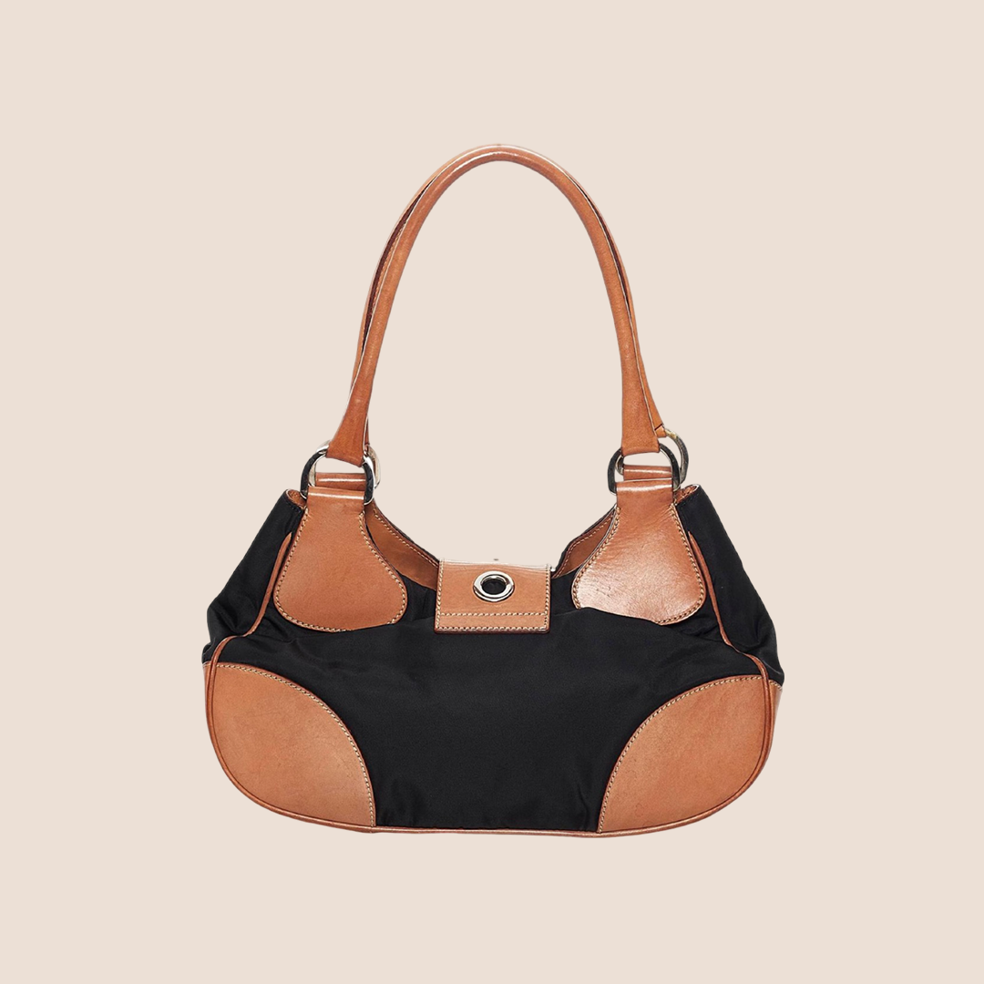 PRADA TAN & BLACK BELTED SHOULDER BAG