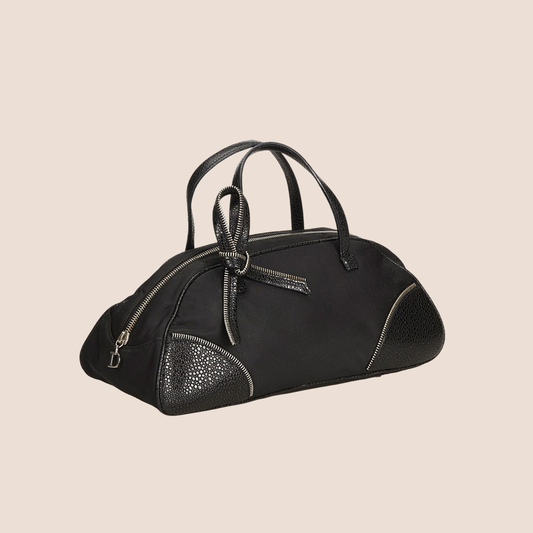 CHRISTIAN DIOR BLACK NYLON ZIPPER BOW DETAIL HANDBAG