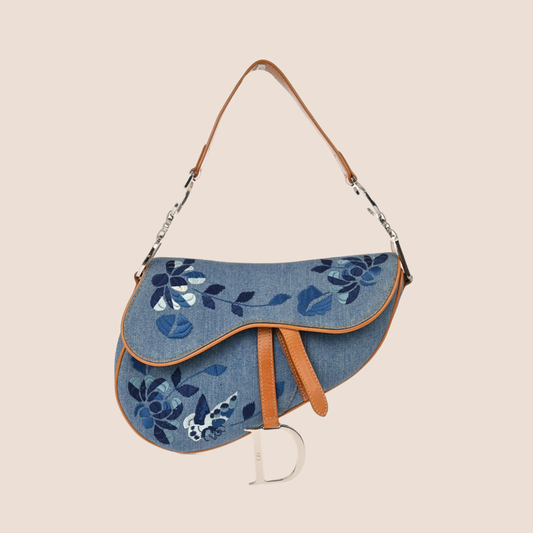 CHRISTIAN DIOR 2005 DENIM EMBROIDERED SADDLE BAG