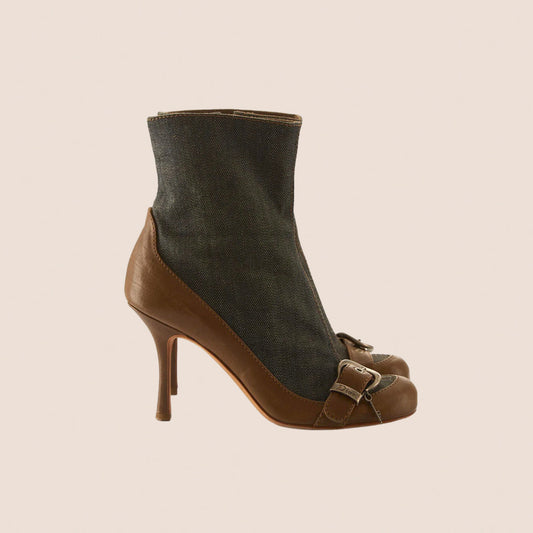 CHRISTIAN DIOR DENIM BROWN LEATHER BUCKLE BOOTS