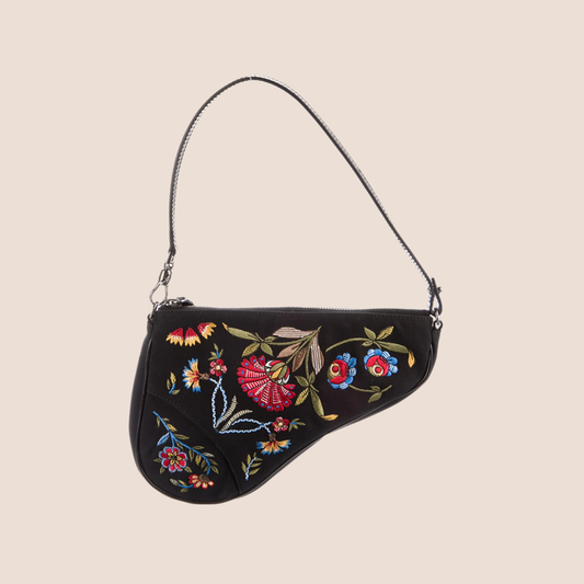 CHRISTIAN DIOR 2002 FLORAL EMBROIDERED BLACK MINI SADDLE BAG